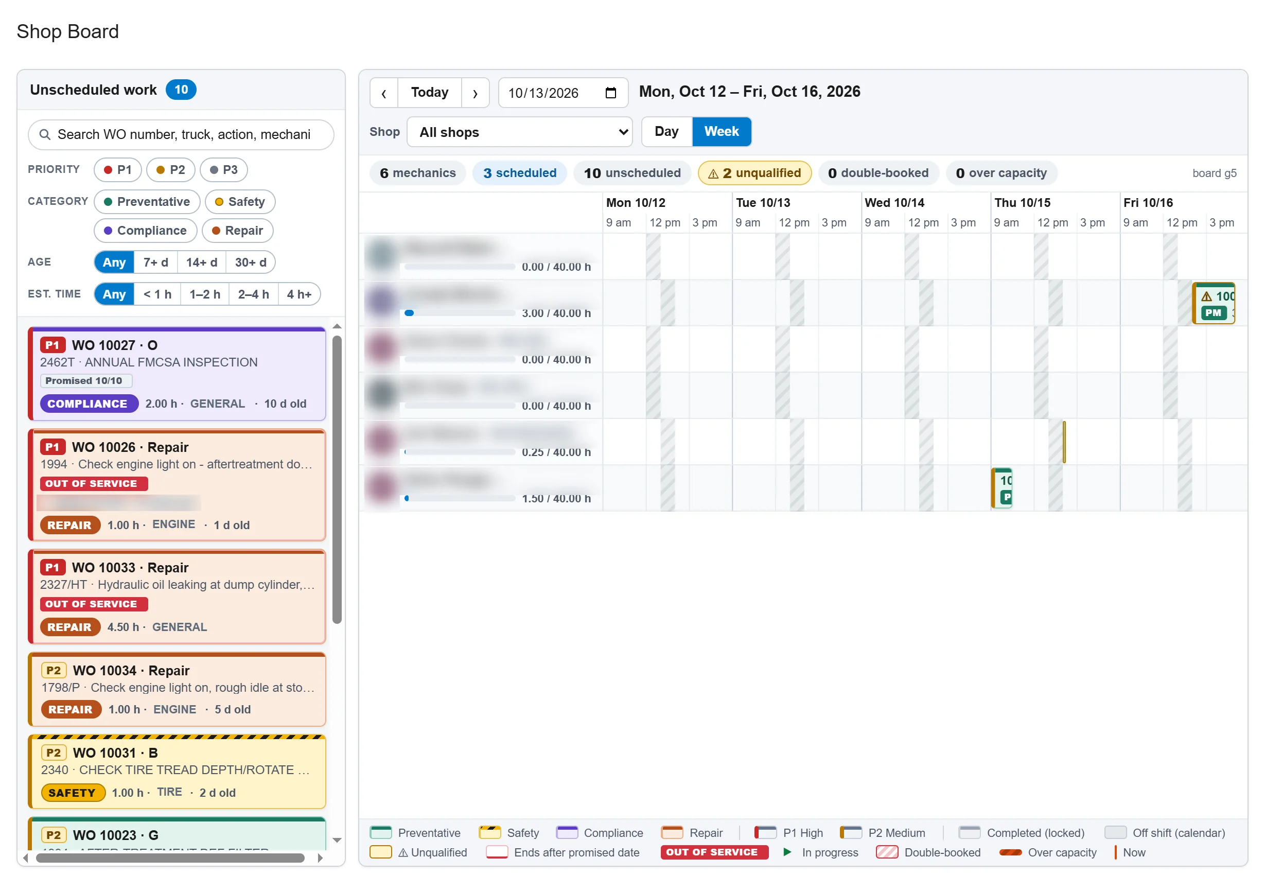 Shop Board showing unscheduled work orders as cards beside a weekly calendar of mechanics