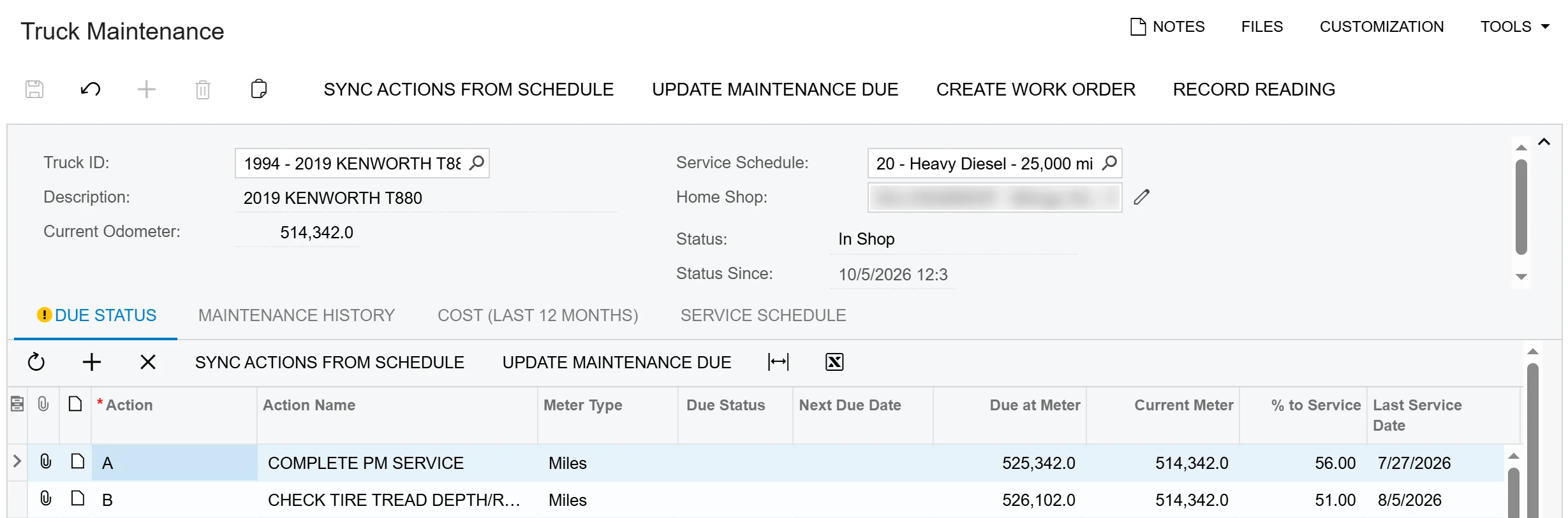 Truck Maintenance screen in Acumatica showing a Kenworth T880 with its service schedule and maintenance due by miles
